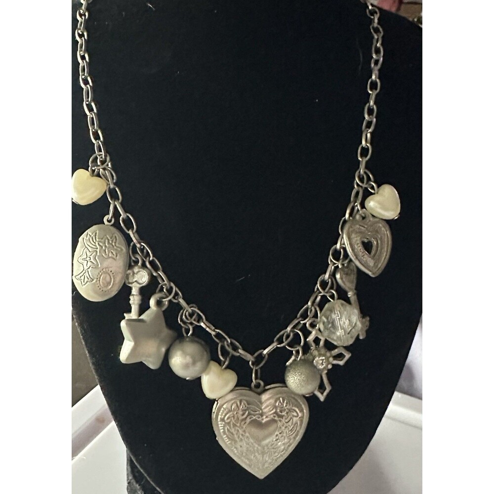 Vintage Style Charm Necklace Heart Locket Key Star Cross Silver Tone 18”